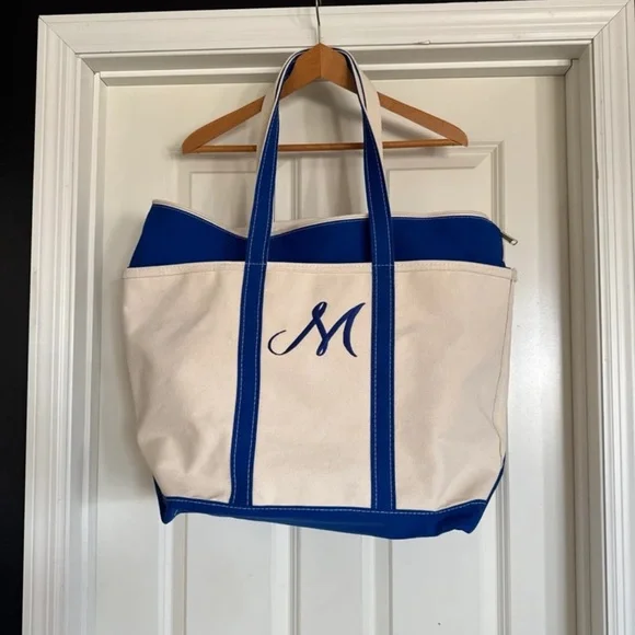 L.L. Bean Boat & Tote Bag USA Canvas Blue Zip Top Embroidered M - Picture 2 of 12